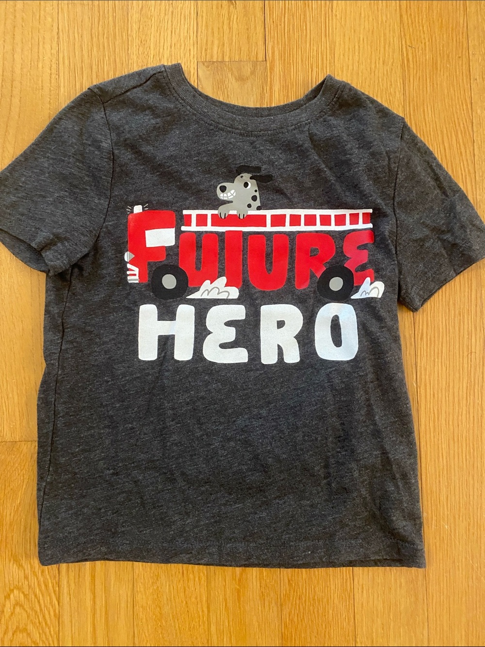 Future Hero Kids Tee - Charcoal with Red & White Firetruck Graphic